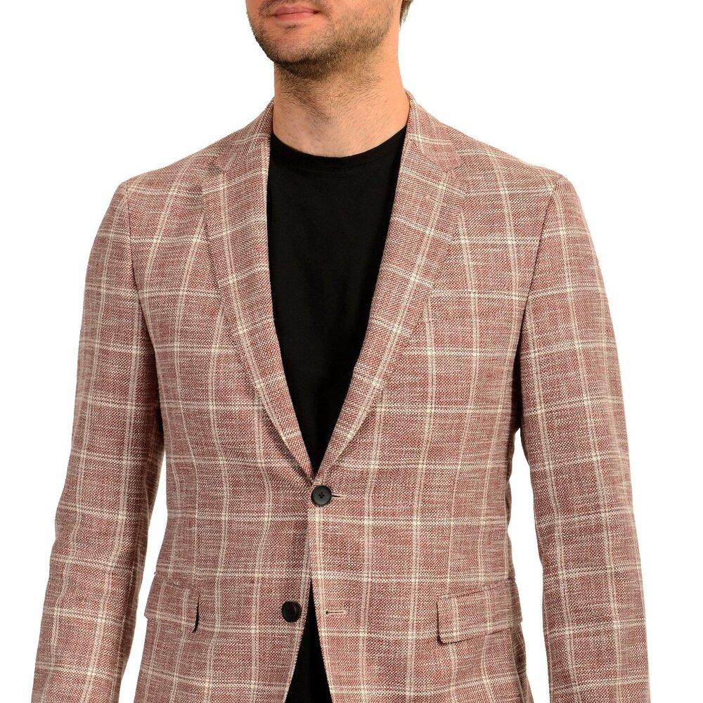 Hugo Boss Men's Nobis6 Slim Fit Plaid Two Button Linen Wool Blazer US 42R IT 52R